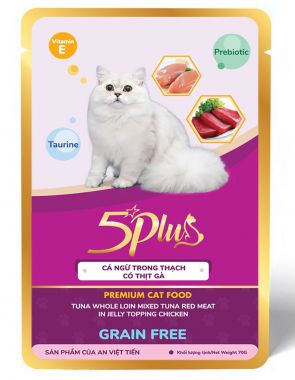 5Plus Premium 70gCá ngừ trong thạch có thịt gà  cho mèo